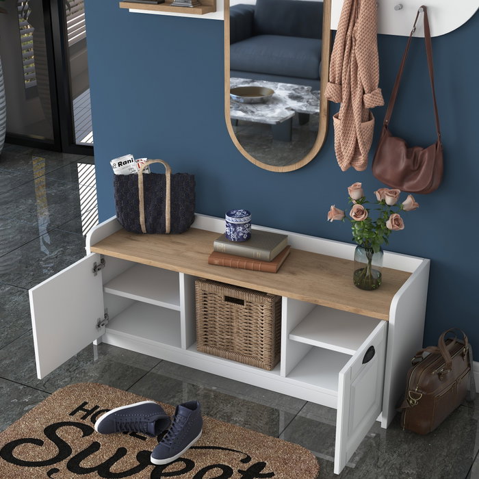 Hanah Home EE101 - 1983 Recibidor Blanco y Nogal con Almacenamiento y Espejo. Mueble de Entrada. Ancho 120cm, Alto 45cm, Profundidad 40cm. Elegante y Funcional.